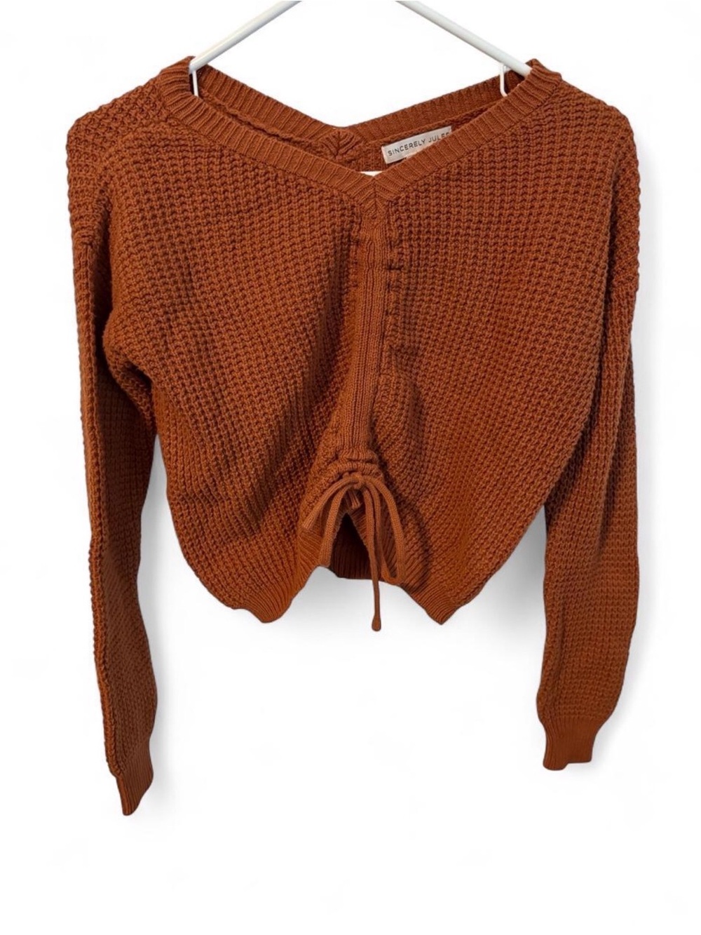 Sincerly Jules Waffle-Knit Rust V-Neck Drawstring Sweater - Picture 1 of 5